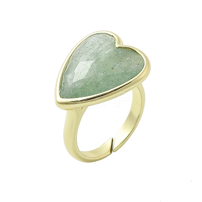 Heart Brass Natural Green Strawberry Quartz Finger Rings X-RJEW-D304-01G-C-1