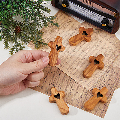 5Pcs Wood Cross with Heart Ornaments AJEW-DC0003-55-1