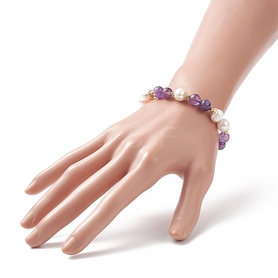 Natural Amethyst & Pearl Round Beaded Stretch Bracelet for Women BJEW-JB09246-01-1