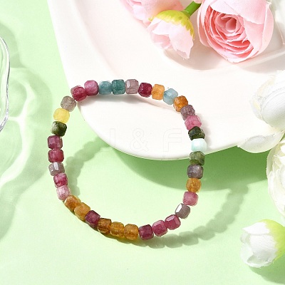 Natural Multicolor Tourmaline Cube Beads Stretch Bracelets for Men Women BJEW-JB12274-1