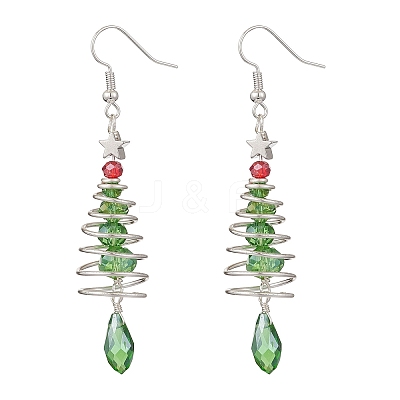 Christmas Tree with Star Brass Wired Glass Dangle Earrings EJEW-JE06126-1