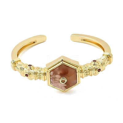 Hexagon Brass Pave Natural Cherry Blossom Agate & Cubic Zirconia Cuff Bangles for Women BJEW-Z172-01G-05-1