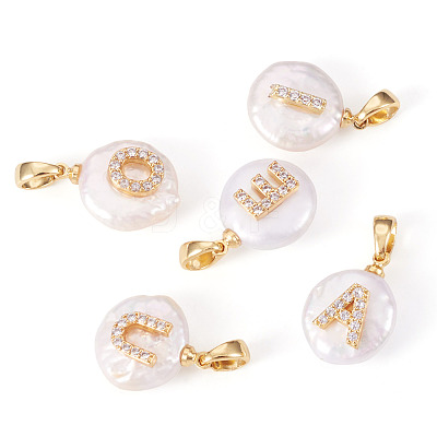 5Pcs 5 Styles Natural Cultured Freshwater Pearl Nuggets with Letter Pendants KK-TA0002-37-1