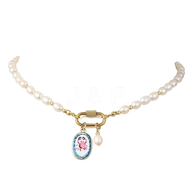 Printed Brass Oval Pendant Natural Cultured Freshwater Pearl Beaded Necklaces for Women NJEW-JN06384-1
