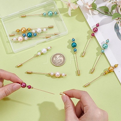 12Pcs 6 Colors Brass & Baking Paint Glass Pearl Round Beads & 304 Stainless Steel Brooches JEWB-HY00007-1