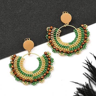304 Stainless Steel & Bohemian Beaded Fan Dangle Stud Earrings for Women EJEW-R001-05G-02-1