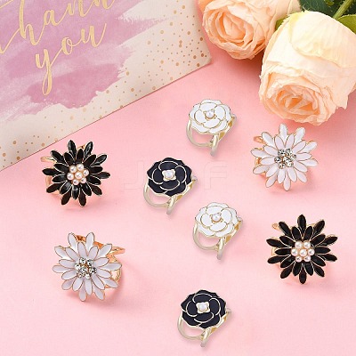 8Pcs 4 Styles Carnation & Daisy Golden Alloy Enamel Scarf Buckle Ring AJEW-CJ0001-33-1