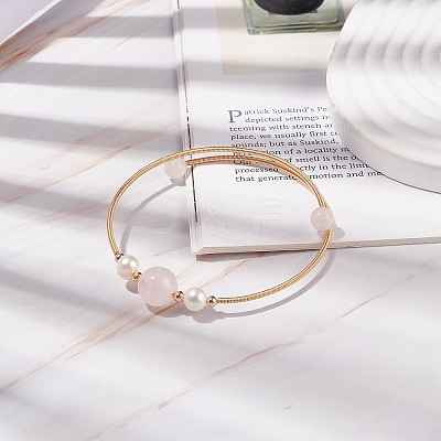 Natural Rose Quartz & Pearl Round Beaded Bangle X-BJEW-JB08464-02-1