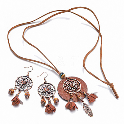 Bohemian Style Alloy & Wood & Leather Dangle Earrings & Necklaces Sets FS-WG3D99C-01-1