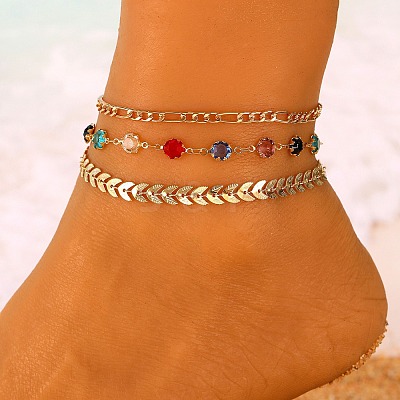 Alloy Colorful Rhinestone Chain 3 Layered Anklets for Women AJEW-A069-01A-G-1