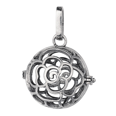 Brass Hollow Round with Rose Cage Pendants KK-E662-20AS-NR-1