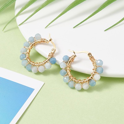 Faceted Round Natural Stone Beads Huggie Hoop Earrings for Girl Women EJEW-JE04687-1