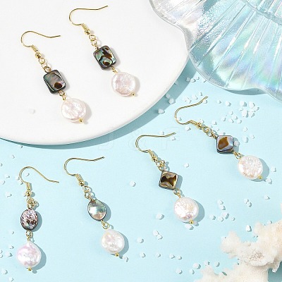 Geometric Shape Abalone Shell/Paua Shell & Natural Keshi Pearl Dangle Earrings for Women EJEW-JE07338-1