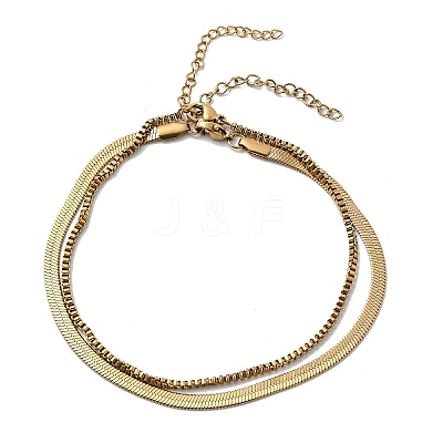 304 Stainless Steel Flat Snake Chain & Box Chain Double Layer Anklets for Women AJEW-F069-02G-1