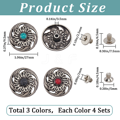 12 Sets 3 Colors Alloy Decorative Rivets FIND-GF0006-34-1