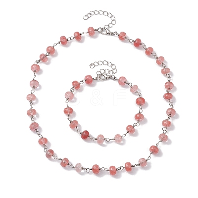 Rondelle Cherry Quartz Glass Links Bracelets & Necklaces Sets SJEW-JS01295-01-1