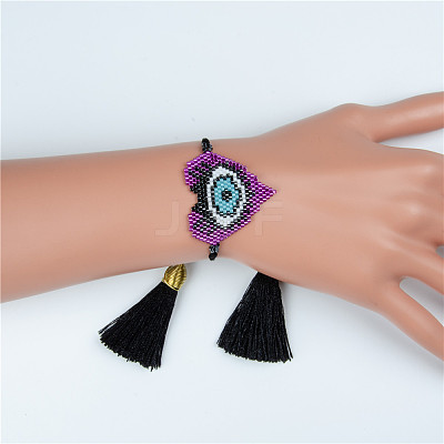 Glass Seed Braided Bead Bracelet with Double Tassel BJEW-A121-26A-1