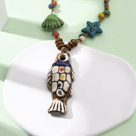 Ceramic Fish Pendant Adjustable Waxed Cord Necklaces for Women LS-NJEW-B146-05-1