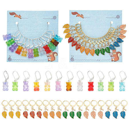  2 Sets 2 Style Resin Bear & Alloy Enamel Leaf Charm Locking Stitch Marker HJEW-NB0002-06-1