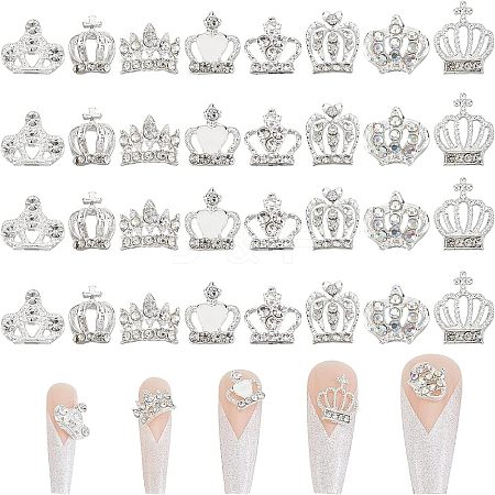 SUPERFINDINGS 32Pcs 8 Style Crown Alloy Rhinestone Nail Art Cabochons MRMJ-FH0001-20-1