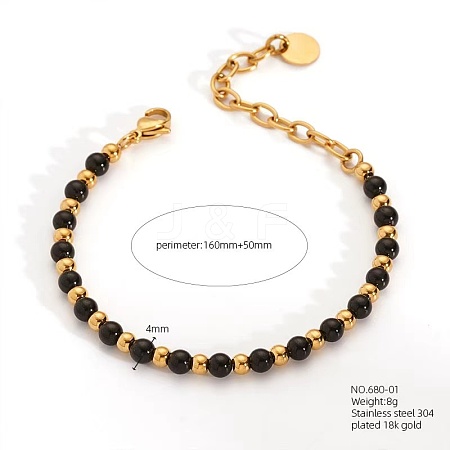 Bohemian Style Natural Black Agate Round Beaded Bracelets for Women LS-JU9810-1-1