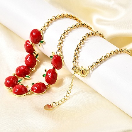 Teachers' Day Brass Red Enamel Fruit Link Chain Necklaces NJEW-K287-04B-G-1