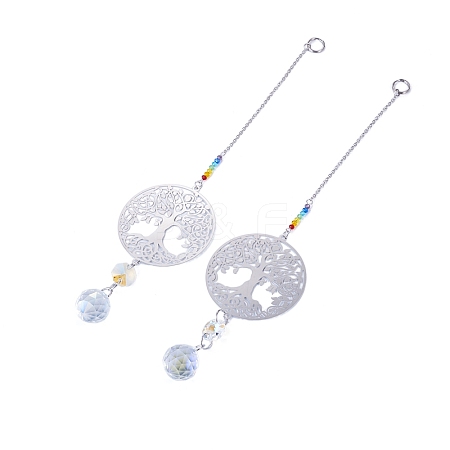 2Pcs 201 Stainless Steel Tree of Life Shape & Rainbow Crystal Glass Hanging Suncatcher HJEW-TA00446-1