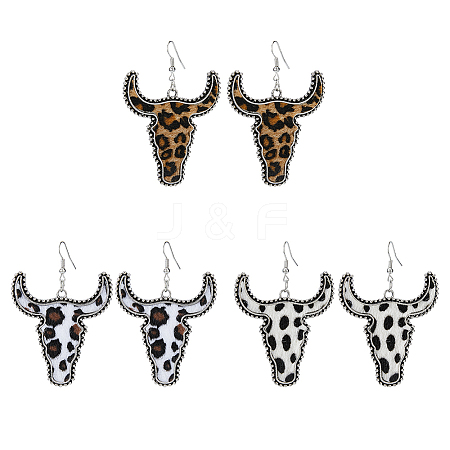 FIBLOOM 3 Pairs 3 Colors Imitation Leather Cattle Head Dangle Earrings for Women EJEW-FI0002-36-1