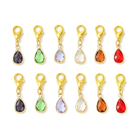 12Pcs 6 Colors Teardrop Brass Glass Pendant Decorations HJEW-JM02738-1