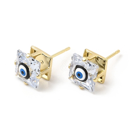 Square Glass with Enamel Evil Eye Stud Earrings EJEW-P210-03G-05-1