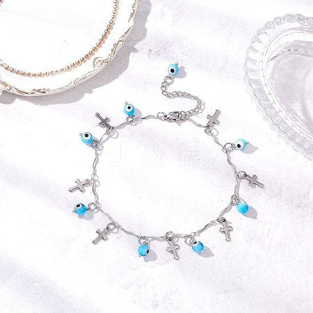 Handmade Evil Eye Lampwork & 304 Stainless Steel Cross Tassel Bar Link Chain Anklets for Women AJEW-AN00741-03-1