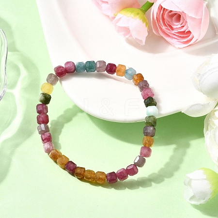 Natural Multicolor Tourmaline Cube Beads Stretch Bracelets for Men Women BJEW-JB12274-1