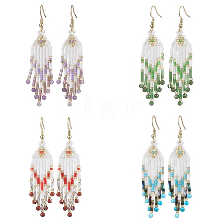 Woven Seed Beads & Natural Gemstone Tassel Earrings EJEW-MZ00154-1