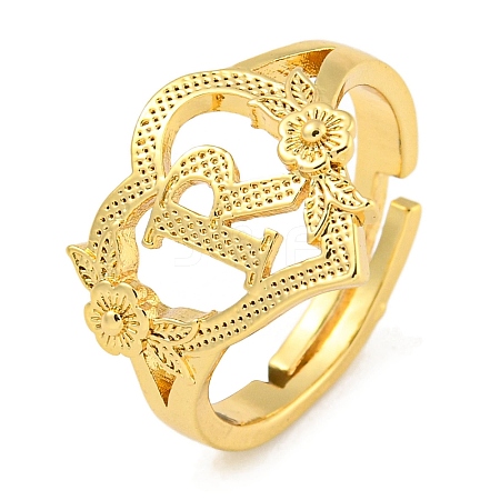 Heart with Letter & Flower Rack Plating Brass Adjustable Rings for Women RJEW-I105-05G-R-1