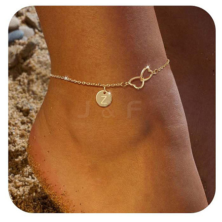Brass Double Heart Link Flat Round Initial Charm Anklets for Women FS-WGA84B7-03-1