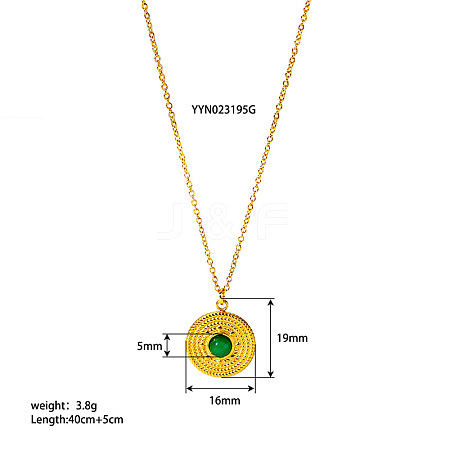 Vintage Stainless Steel Pave Natural Green Onyx Agate(Dyed & Heated) Flat Round Pendant Necklaces for Women QF4931-2-1