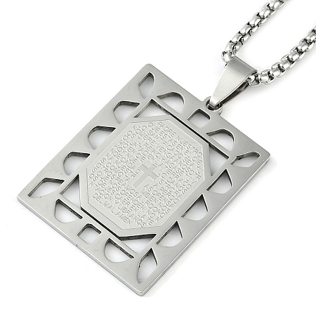 304 Stainless Steel Hollow Rectangle with Cross Pendant Box Chain Necklaces NJEW-D089-06P-1