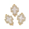 Brass Micro Pave Clear Cubic Zirconia and Natural Shell Cross Connector Charms KK-Z115-09G-1