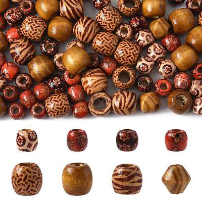 161Pcs 8 Styles Printed Natural Wood Beads WOOD-FS0001-52-1
