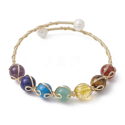 Natural Mixed Gemstone Round Beaded Cuff Bangle BJEW-JB09594-1