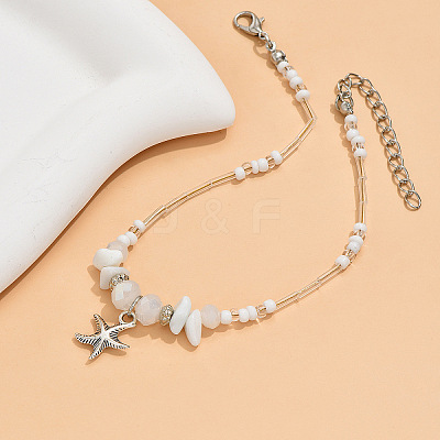 Natural White Jade Chips & Glass Beads Anklets WGE754A-02-1