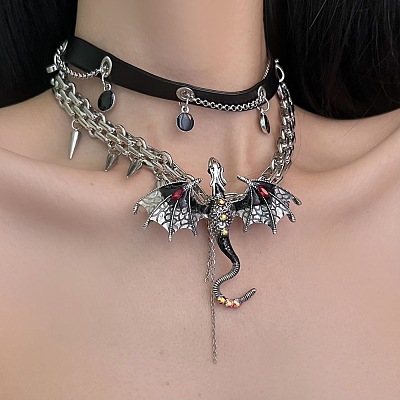 Alloy Resin Rhinestone Dragon Pendant Black PU Leather Double Layer Choker Necklaces for Women FS-WGA08B0-01-1