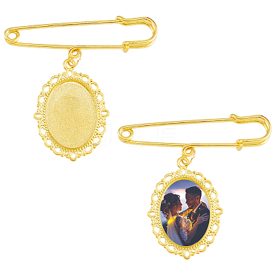 2Pcs Oval Blank Glass Dome Wedding Bouquet Photo Charms Safety Pin Brooches JEWB-AB00008-1