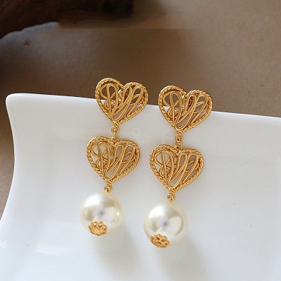 Brass & Plastic Pearl Stud Dangle Earrings WGE9714-01-1
