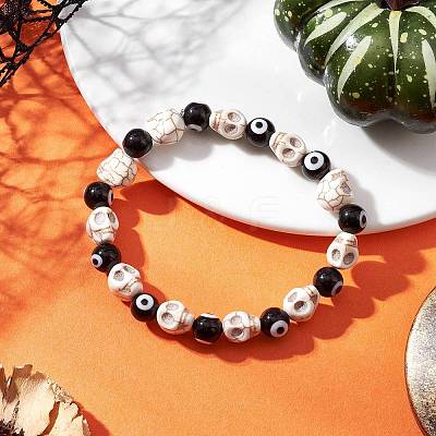 4Pcs 4 Colors Halloween Dyed Synthetic Turquoise Skull & Lampwork Evil Eye Round Beaded Stretch Bracelet Sets for Women Men BJEW-JB12268-1