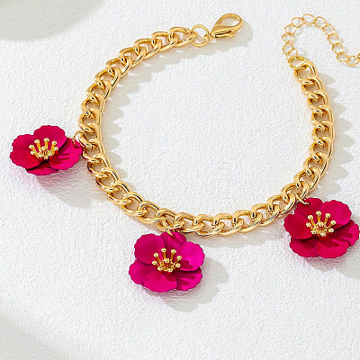 Triple Deep Pink Flower Alloy Charm Twisted Chain Anklets for Women FS-WGF82CC-01-1
