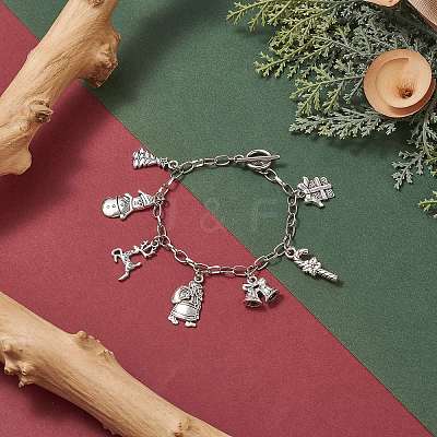 Christmas Tree & Snowman & Candy Cane & Gift Box Alloy Charm Bracelet BJEW-JB09300-1