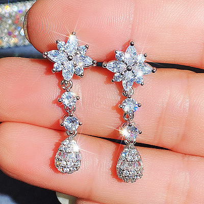Flower & Teardrop Brass Micro Pave Clear Cubic Zirconia Dangle Stud Earrings FS-WG330D2-03-1