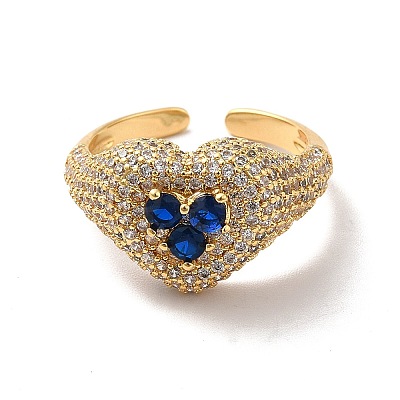 Cubic Zirconia Heart Open Cuff Ring RJEW-C041-04-1