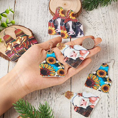 4 Pairs 4 Styles Cattle with Sunflower PU Imitation Leather Cow Tag Dangle Earrings for Women EJEW-TA0001-07-1